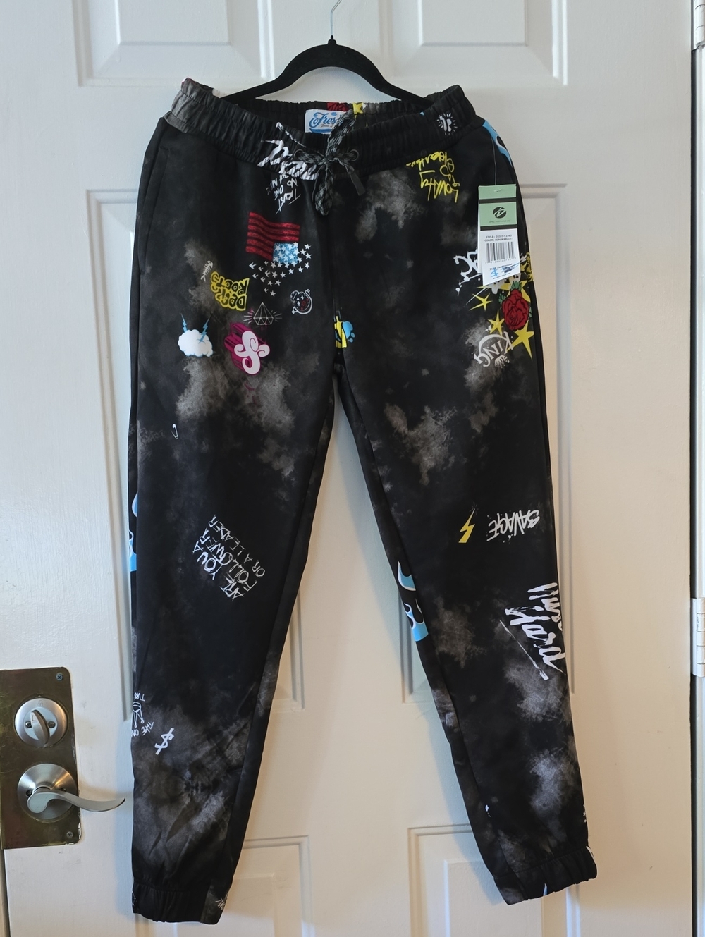 NWT Black Tie-Dye Joggers with Multicolor Graphic Accents